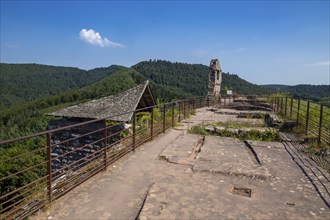 Upper platform of Fleckenstein Castle in Alsace France with a view of the Vosges mountains and the