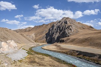 Mountain valley with river between golden meadows, Bolgart Valley, Naryn Province, Kyrgyzstan, Asia