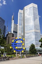 Euro sign symbolising Europe with banks High-rise buildings on Willy-Brandt-Platz in Frankfurt,