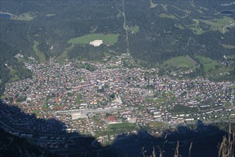 View from the Karwendel to the village of Mittenwald, Werdenfelser Land, Alps, Bavaria, Upper