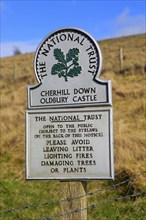 Cherhill Down Oldbury castle, National Trust sign, North Wessex Downs, Wiltshire, England, UK