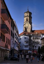 Octagonal south tower, collegiate church, city centre, shopping, Stuttgart, Baden-Württemberg,