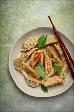 Japanese fried dumplings, gyoza, sesame seeds, top view, no people