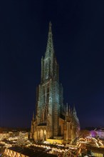 Christmas market in front of the cathedral on Münsterplatz, Ulm, Baden-Württemberg, Upper Swabia,