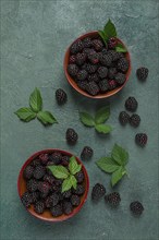 Two bowls, fresh, ripe blackberries, with leaves, top view, no people