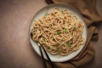 Spaghetti carbonara, in creamy garlic sauce, pasta in white sauce, homemade, no people