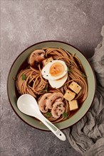 Asian soba soup, with mushrooms and egg, cheese, sesame seeds, homemade, no people