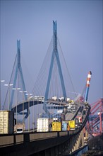 Traffic on the Köhlbrand Bridge in the port of Hamburg, spans the 325 m wide Köhlbrand, an arm of