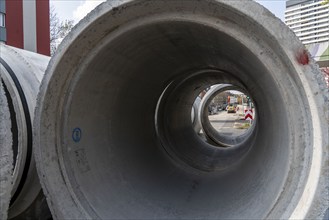 Concrete sewer pipes, stored on a construction site during sewer renovation work, on the Dickswall,