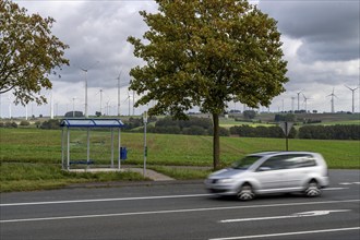 Bus stop in the countryside, on the B68, new, modern bus shelter, line to Warburg, Ostwestfalen