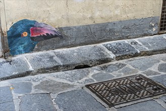 Street with wall drawing, art, historic centre, Florence, Italy, Europe