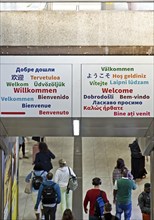 Welcome greeting in twenty-one languages at Düsseldorf Central Station, Migration, North