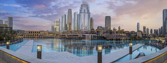 UAE, Dubai panoramic view of city downtown, Dubai Mall and Dubai Fountain