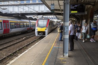 British Rail Class 755 Stadler bi-modal train arriving at railway station Ipswich, Suffolk,