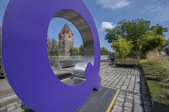 Medieval debtor's tower on the Pegnitz, seen through a work of art, art in the city, Nuremberg,