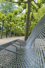 Corrugated metal bench under shady trees in an avenue, Böblingen, Germany, Europe