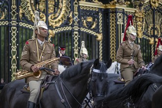 Mounted military musicians, horses, Trooping the colour, military parade in June in honour of the