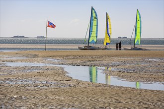 Small sailing boats on the beach, catamaran, behind Halligen, backlight, sunny, summer, North Sea