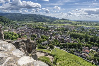 The ruins of Staufen Castle on the Schlossberg with a view of the historic old town, wine-growing