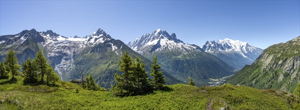 Mountain panorama with glaciated mountain peaks, Aiguille Verte with Aiguille du Midi and Mont