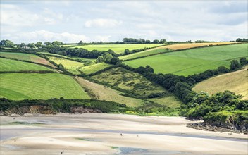 Fields and Farms over Mothecombe Beach, Mothecombe, River Emme and Red Cove, Plymouth, South Devon,