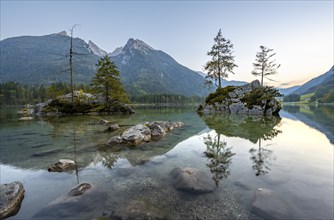 Hochkalter reflected in Hintersee, at sunset, Berchtesgaden National Park, Ramsau, Upper Bavaria,