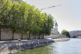 Von Bäumen gesäumtes Flussufer und ein Blick auf die historische Architektur, Paris