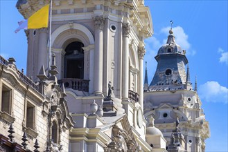 Lima, Peru, Archbishop Palace on colonial Central plaza Mayor or Plaza de Armas in historic center,