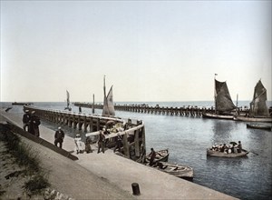 Harbour entrance, Blankenberge, Belgium, ca 1890, Historical, digitally restored reproduction from