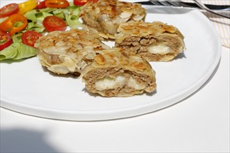 Swabian cuisine, meatballs wrapped in almonds, mixed minced meat, meatballs filled with cheese,