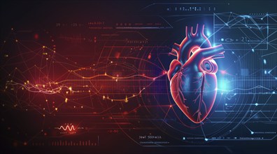 Concept of technology and innovation in health and heart research. Heart health monitoring, AI