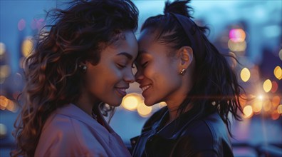 Interracial lesbian LGBTQ couple with long hair and smiling. Concept of inclusivity, AI generated