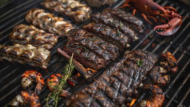 Several beef steaks, lobster and shrimp sizzling on the BBQ. generative AI, AI generated