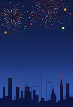 Minimalist, geometric skyline at night, with subtle fireworks in the sky, represented by colorful