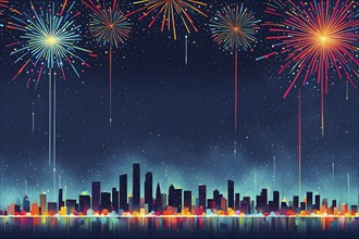 Minimalist, geometric skyline at night, with subtle fireworks in the sky, represented by colorful