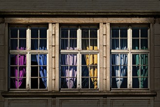 Window with curtains in primary colours, colour design, printing colours, colour, colourful,