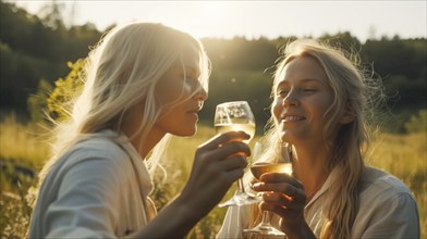 Two girlfriends enjoying the sunset and glasses of wine in the country, generatvie AI, AI generated