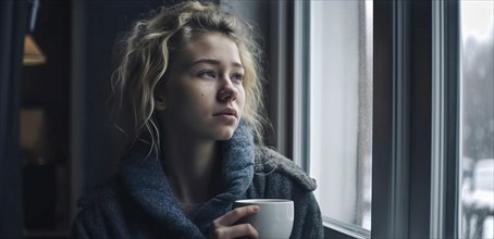 Contemplative young girl sitting next to the window as snow and rain falls outside, generatvie AI,