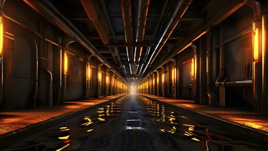 Underground corridor featuring drainage and metal pipelines designed for water and gas transport,