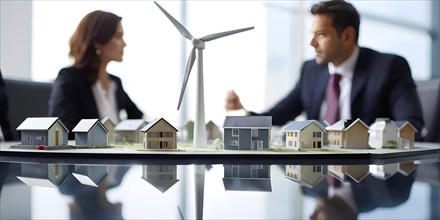 Business professionals engaged with a scale model of a wind turbine adjacent to miniature houses,