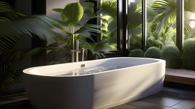 Modern bathroom with bath tube and tropical plants, AI generated