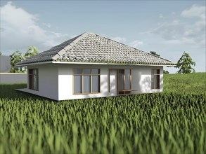 Three dimensional rendering of a residential house on grass, AI generated