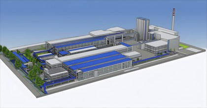 Three dimensional rendering of a model of a modern factory, AI generated