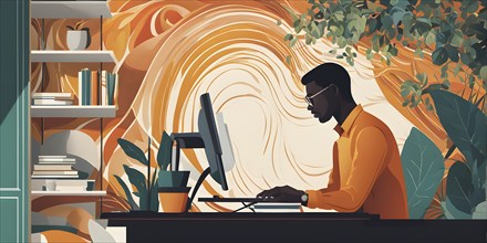 Wallpaper illustration of a man working at home office, AI generated