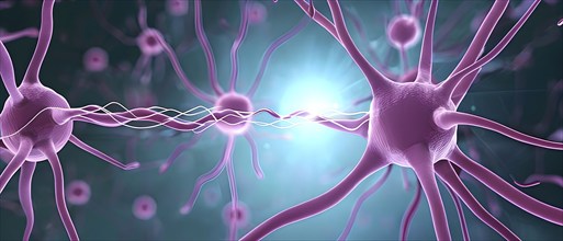 Visualization of neurons firing neurotransmitters in the synaptic gap, AI generated