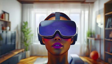 Three dimensional render of a woman wearing virtual reality glasses, AI generated