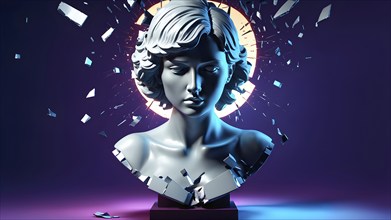 Three dimensional rendering of broken bust with illumination against colored background, AI