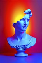 Three dimensional rendering of broken bust with illumination against colored background, AI