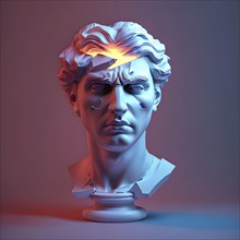 Three dimensional rendering of broken bust with illumination against colored background, AI