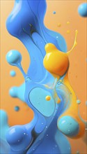 Abstract wallpaper with colorful turquoise and yellow blobs and liquid shapes on a orange